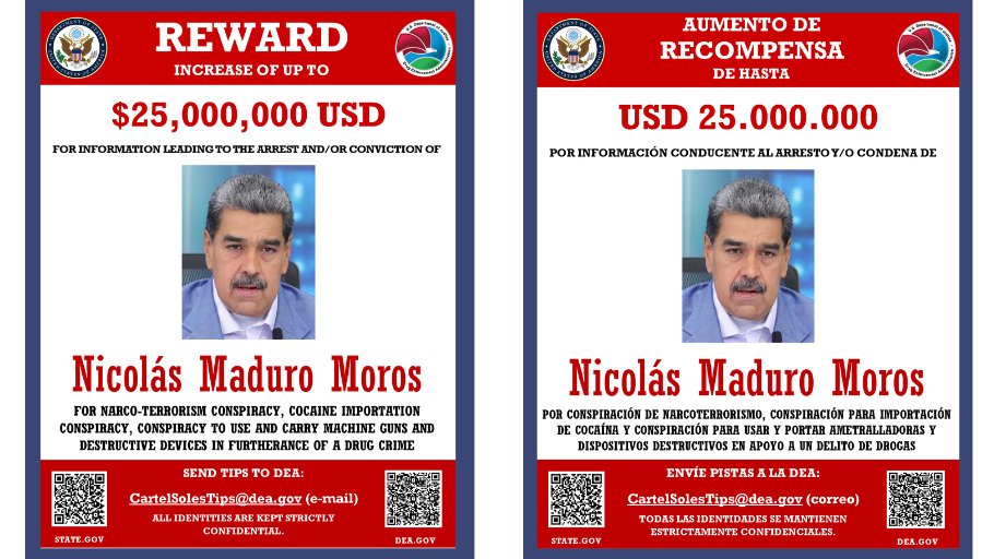 Estados Unidos sanciona al Cártel de los Soles y ofrece $25 millones por Maduro y Cabello