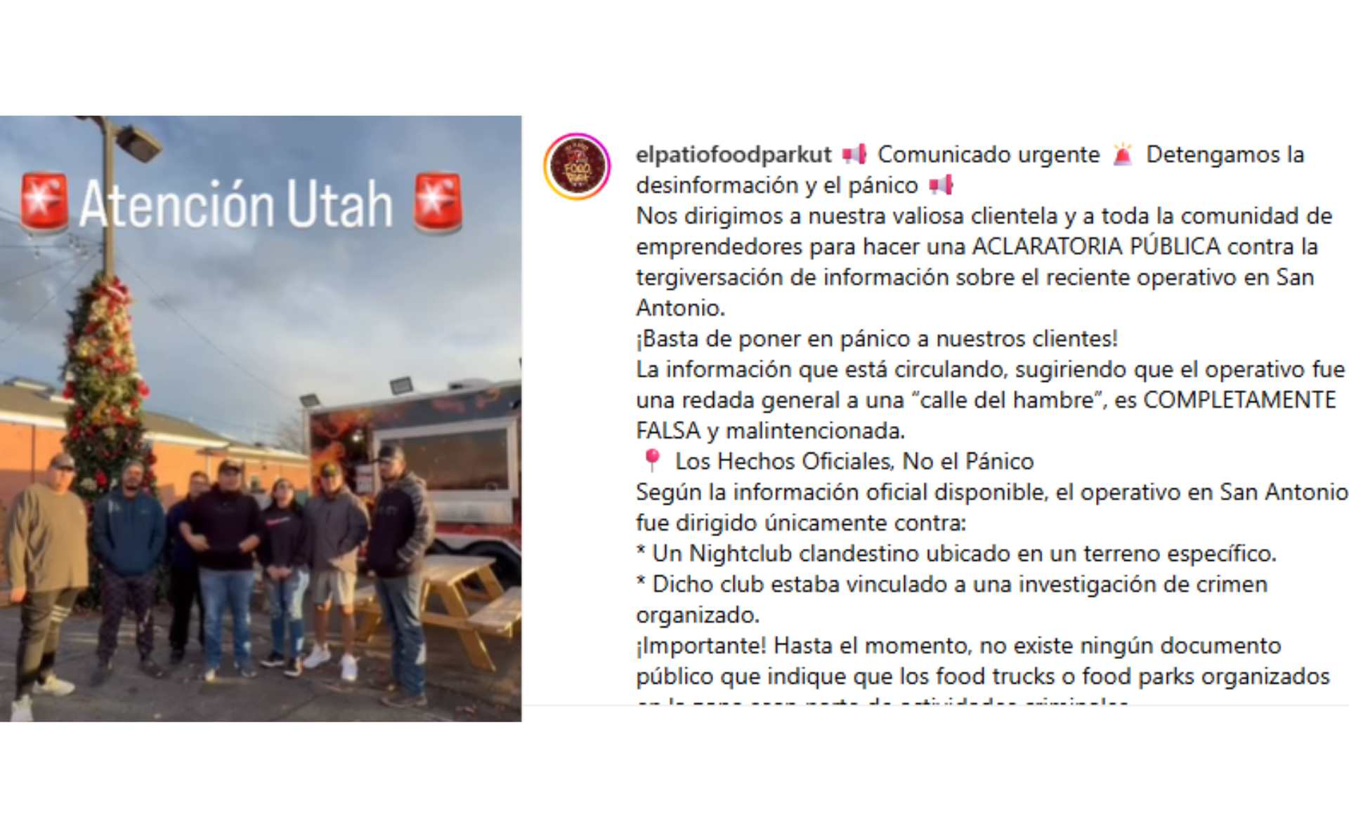 Food Parks de Utah aclaran confusión tras operativo en San Antonio y llaman a frenar la desinformación