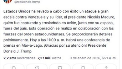 Trump anuncia captura y traslado de Nicolás Maduro tras operación de Estados Unidos